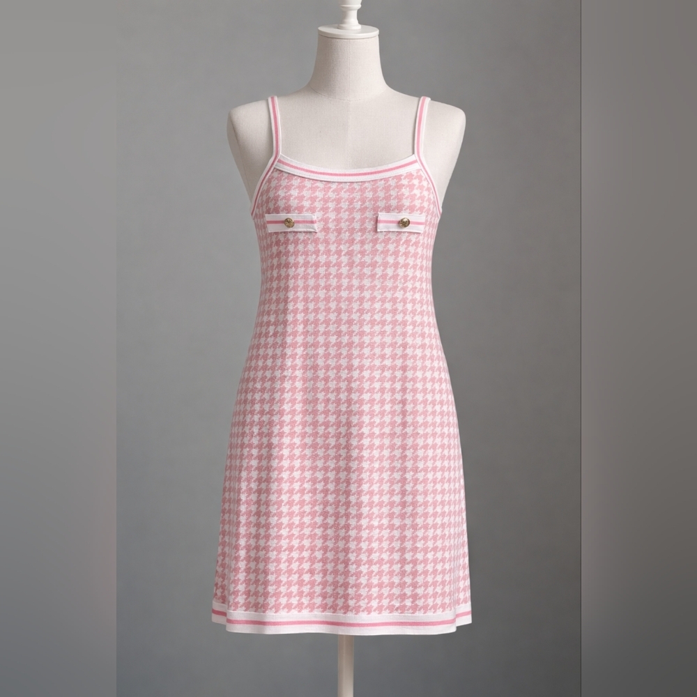 Pink Houndstooth Knit Slip Dress